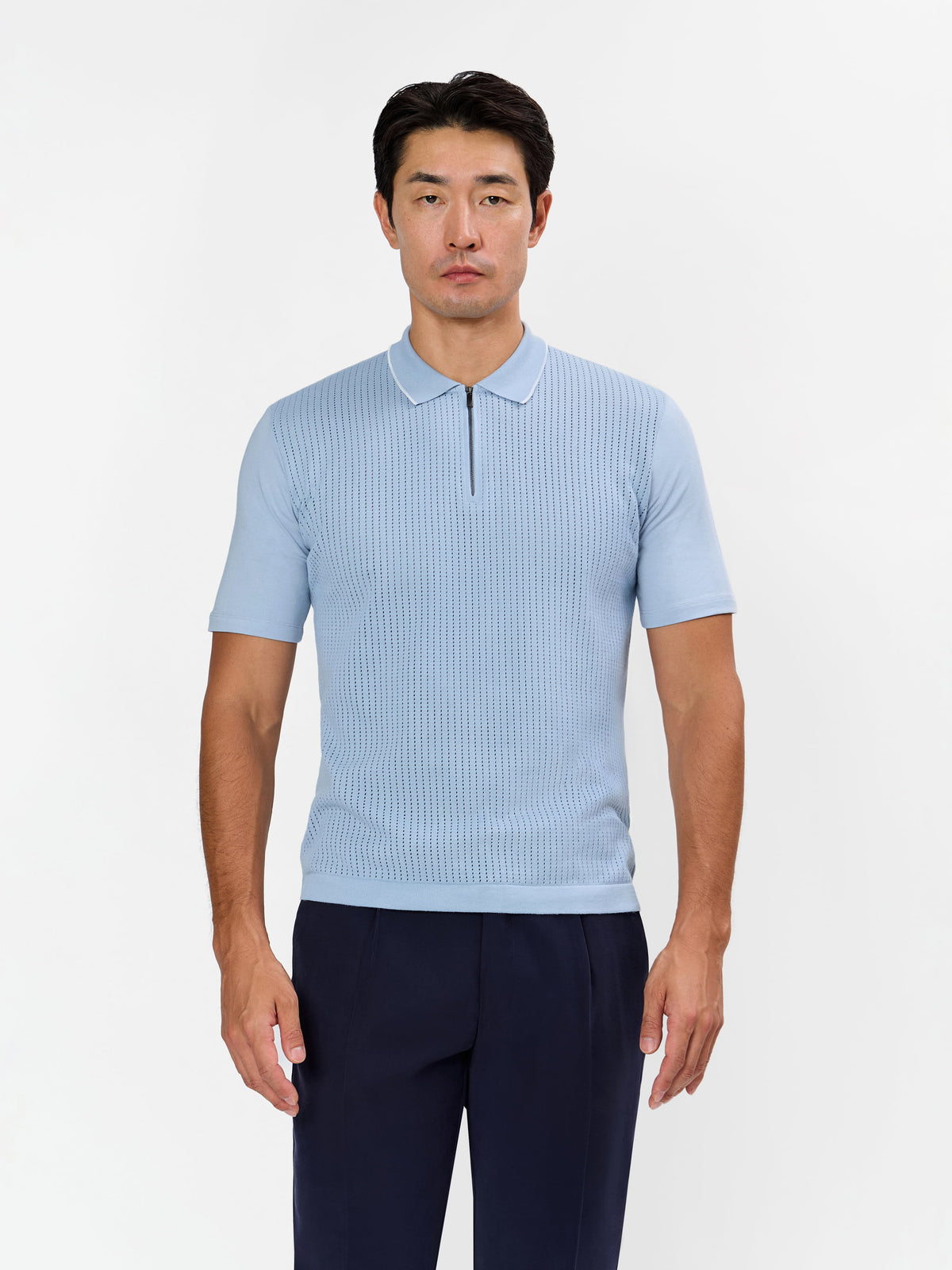 Zentino Open Knit Zip Polo with Contrast Line on Collar