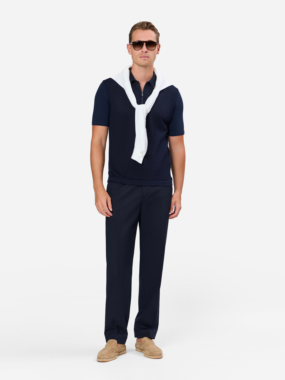 Zentino Open Knit Zip Polo with Contrast Line on Collar