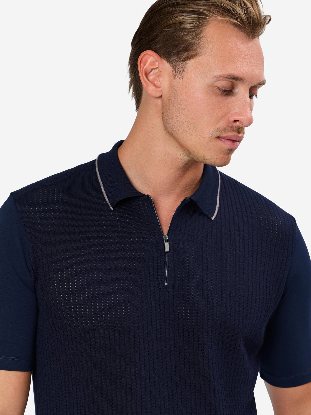 Zentino Open Knit Zip Polo with Contrast Line on Collar