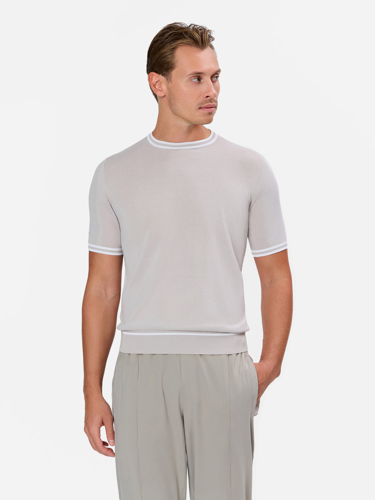 Melchiorre Knitted Crew neck T-Shirt with Contrast Color on the Sleeve and Hem