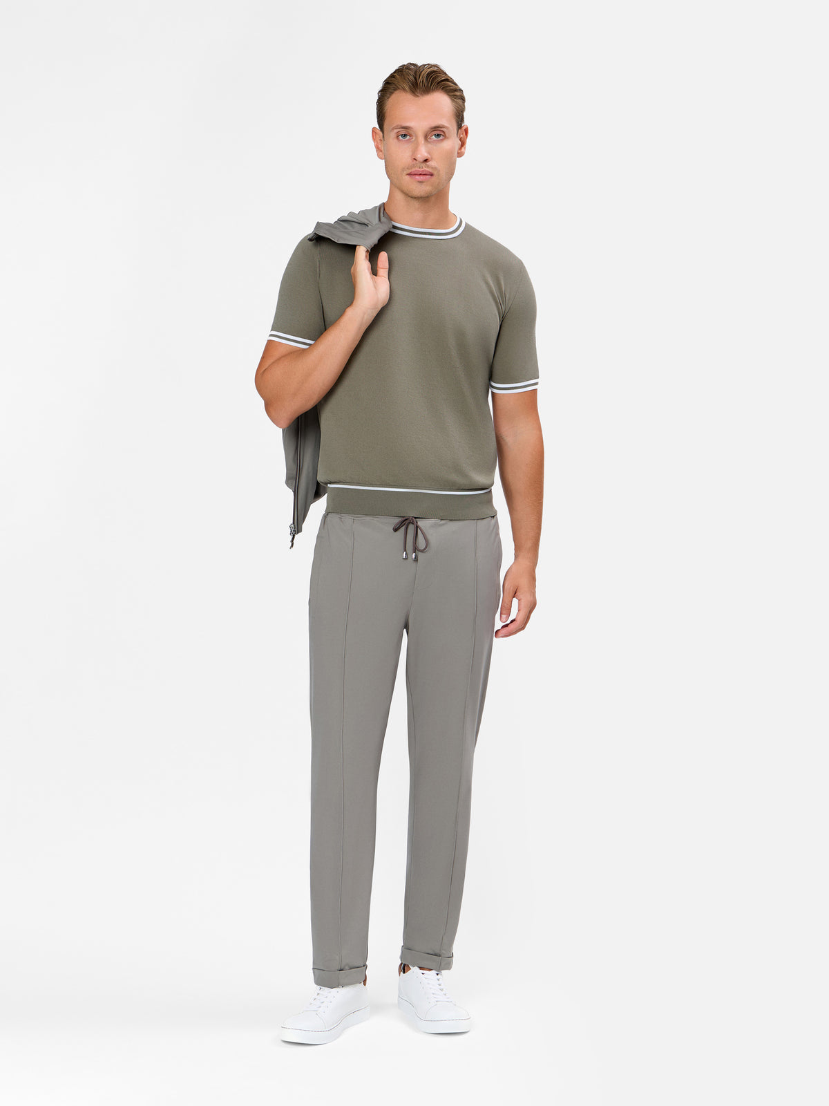 Melchiorre Knitted Crew neck T-Shirt with Contrast Color on the Sleeve and Hem