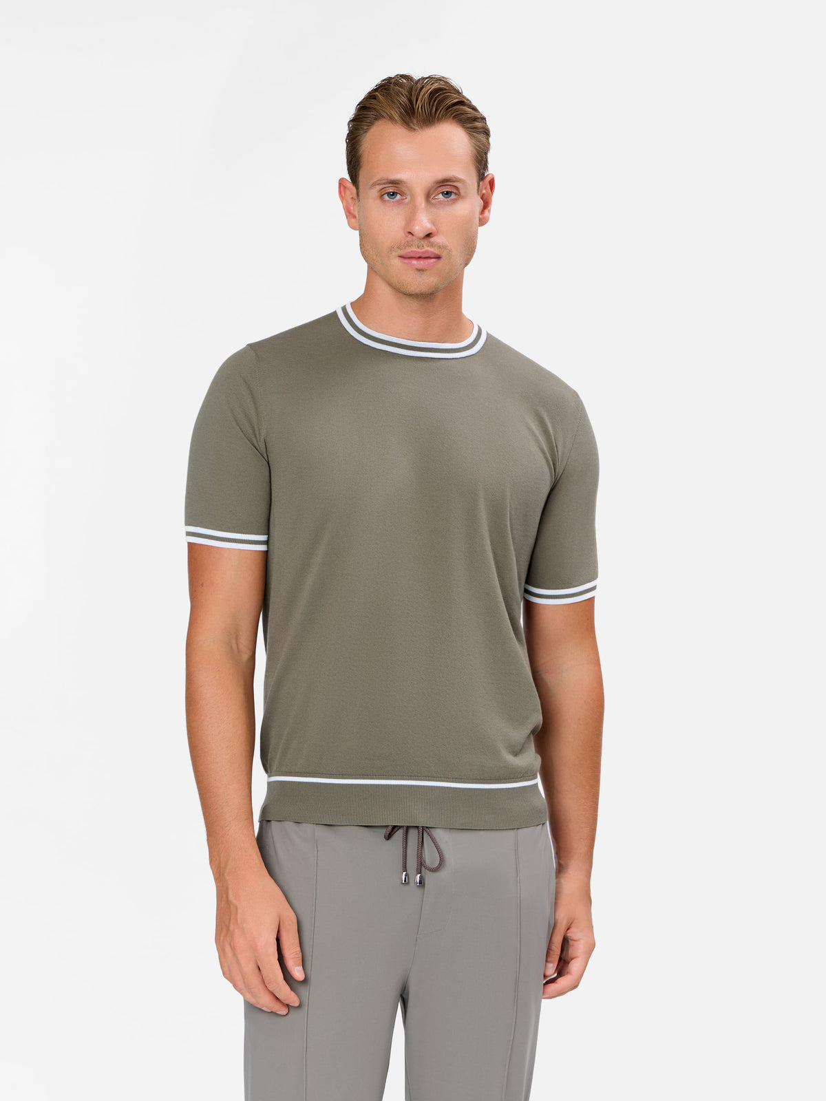Melchiorre Knitted Crew neck T-Shirt with Contrast Color on the Sleeve and Hem
