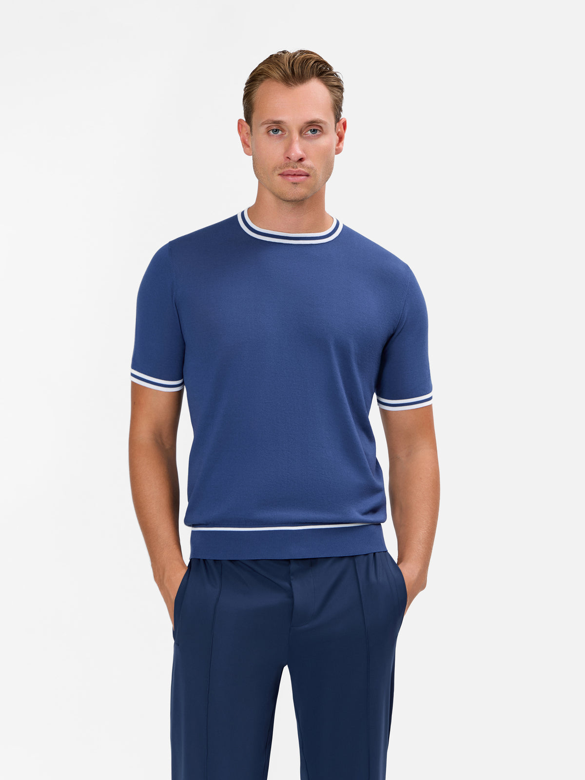 Melchiorre Knitted Crew neck T-Shirt with Contrast Color on the Sleeve and Hem