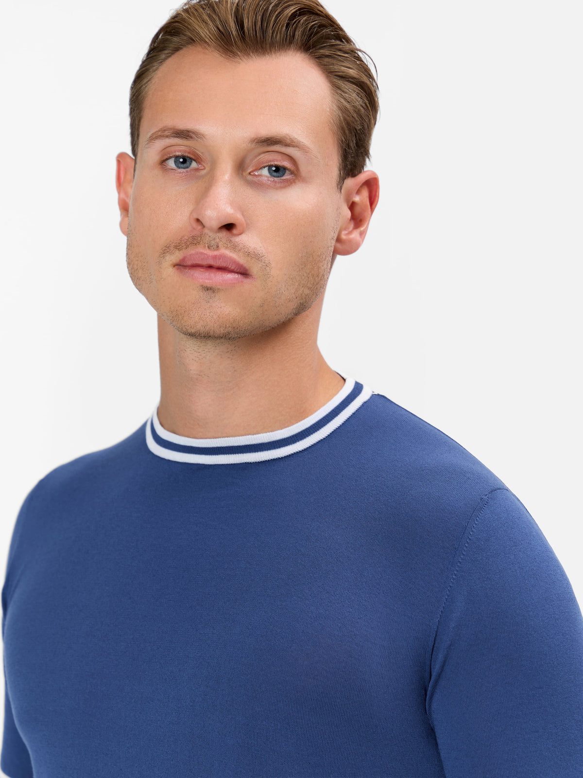Melchiorre Knitted Crew neck T-Shirt with Contrast Color on the Sleeve and Hem