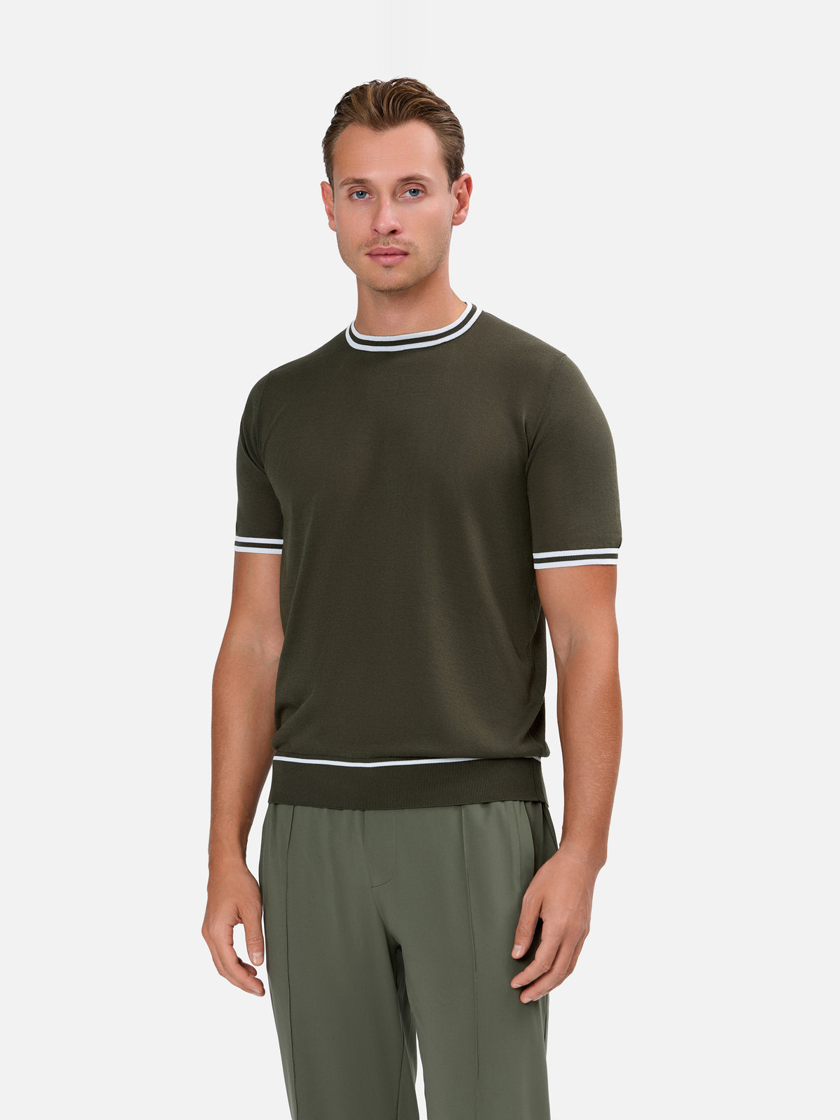 Melchiorre Knitted Crew neck T-Shirt with Contrast Color on the Sleeve and Hem