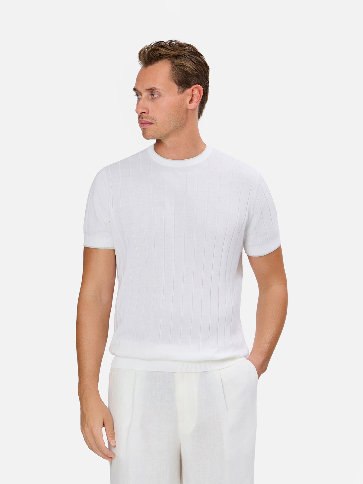 Diodato Vertical Wide Rib T-shirt with Contrast Collar and Sleeve Pure Cotton