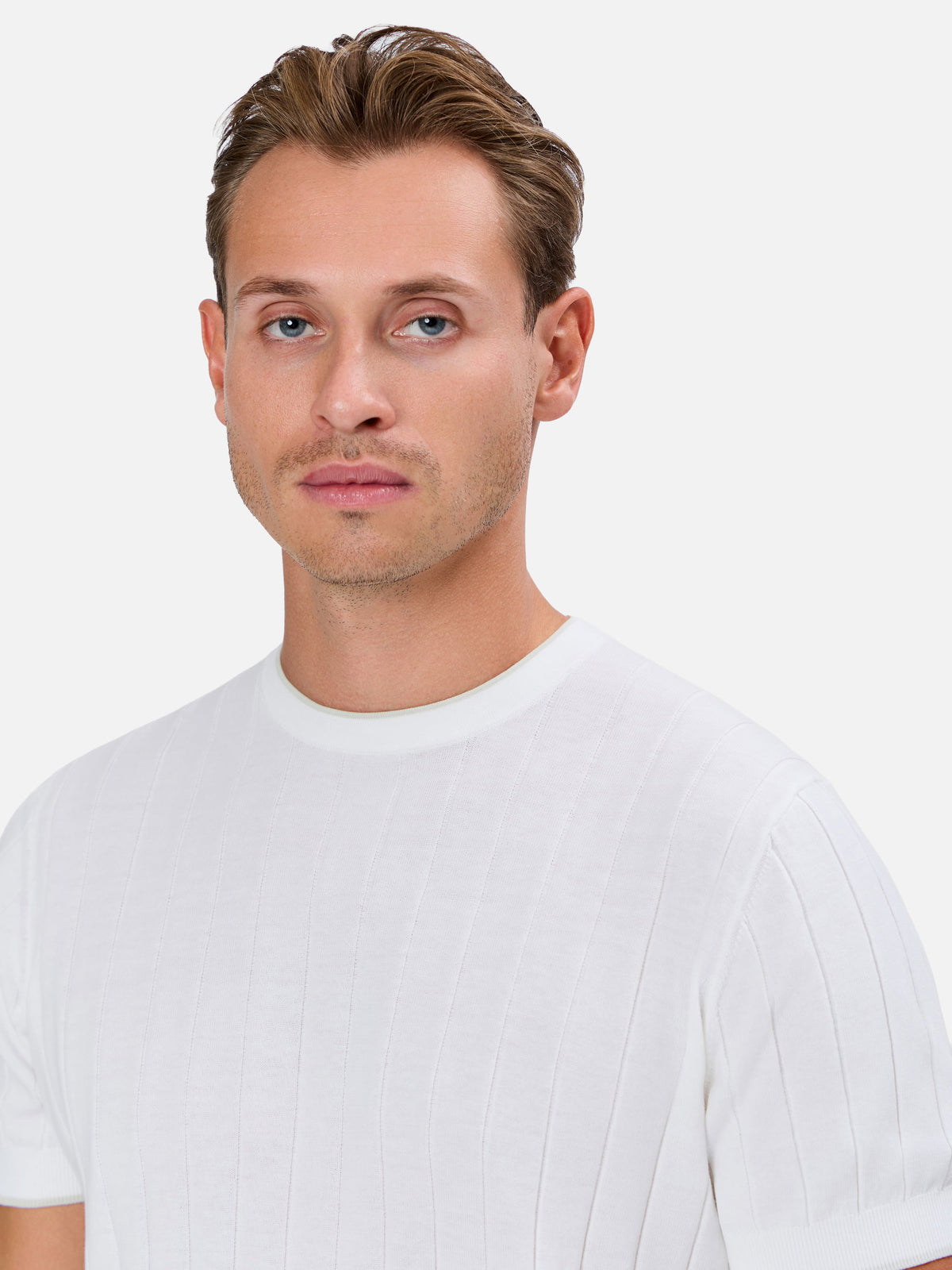 Diodato Vertical Wide Rib T-shirt with Contrast Collar and Sleeve Pure Cotton