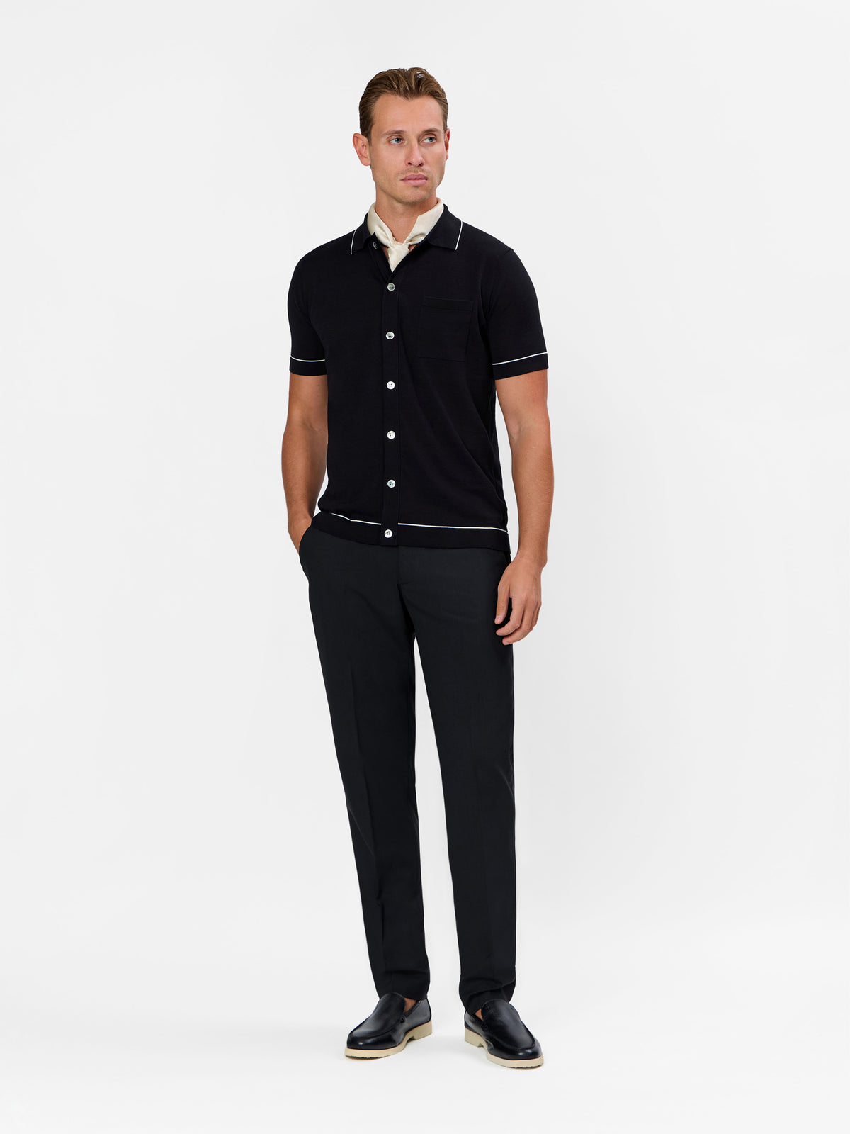 Fabrino Knitted Shirt with Contrast Pin Stripe on Collar and Sleeve