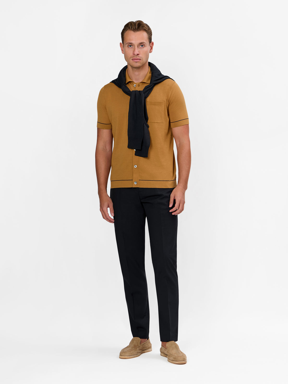 Fabrino Knitted Shirt with Contrast Pin Stripe on Collar and Sleeve