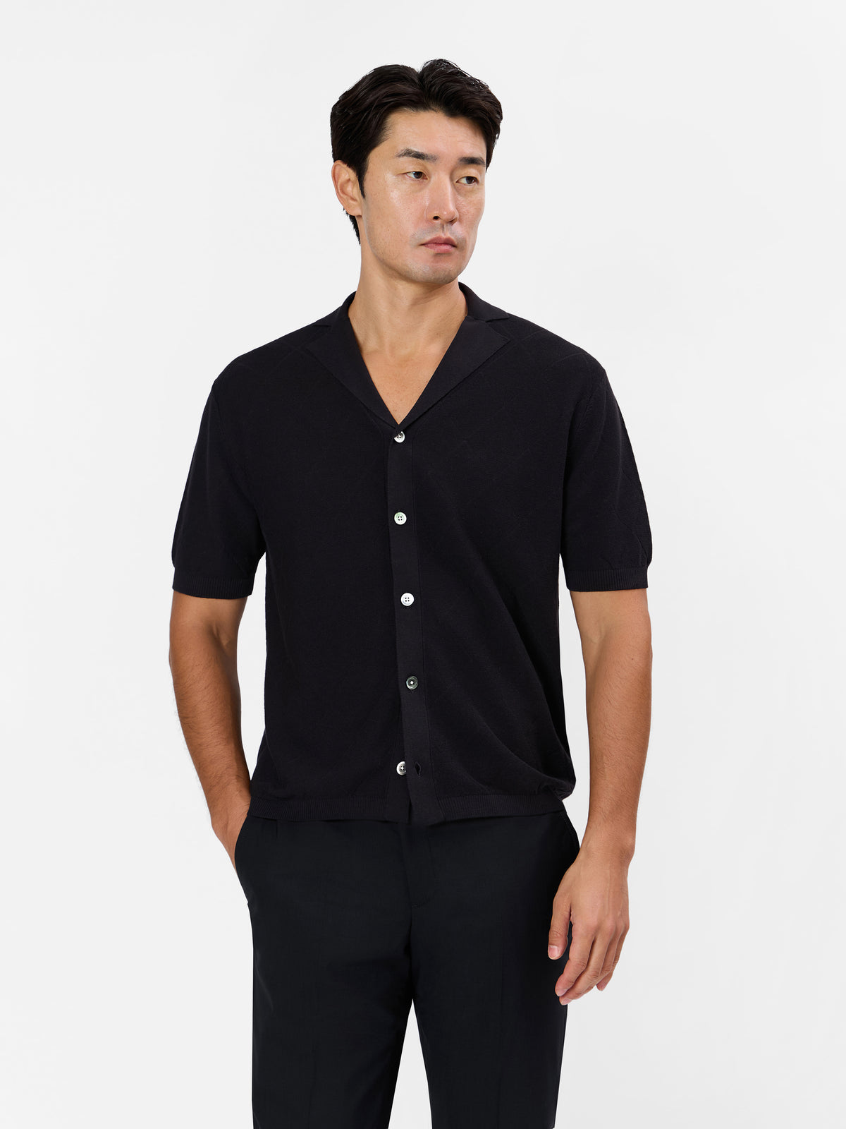 Carminio Skipper Collar Knitted Short Sleeve Shirt  with Tonal  Diamond Jacquard