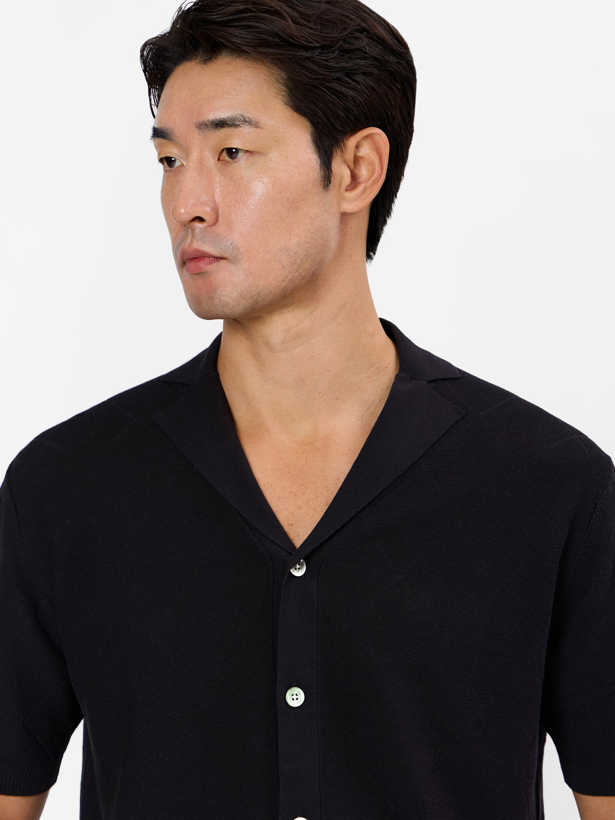 Carminio Skipper Collar Knitted Short Sleeve Shirt  with Tonal  Diamond Jacquard