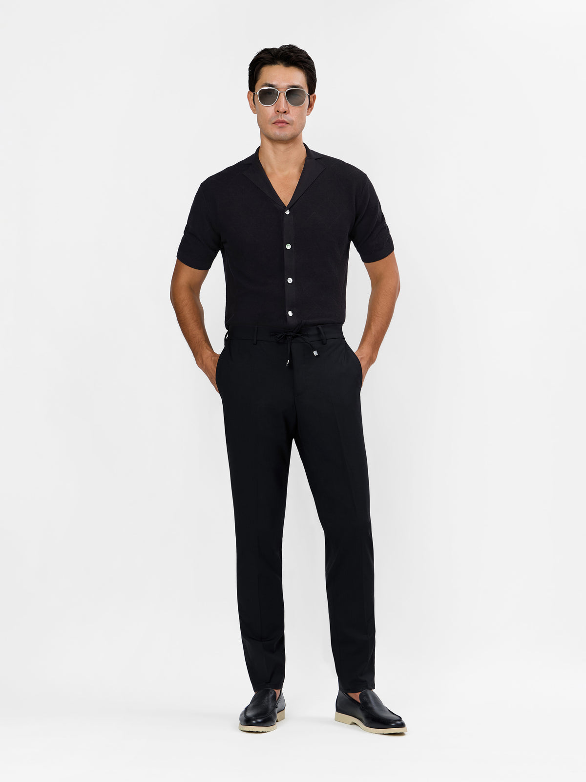 Carminio Skipper Collar Knitted Short Sleeve Shirt  with Tonal  Diamond Jacquard