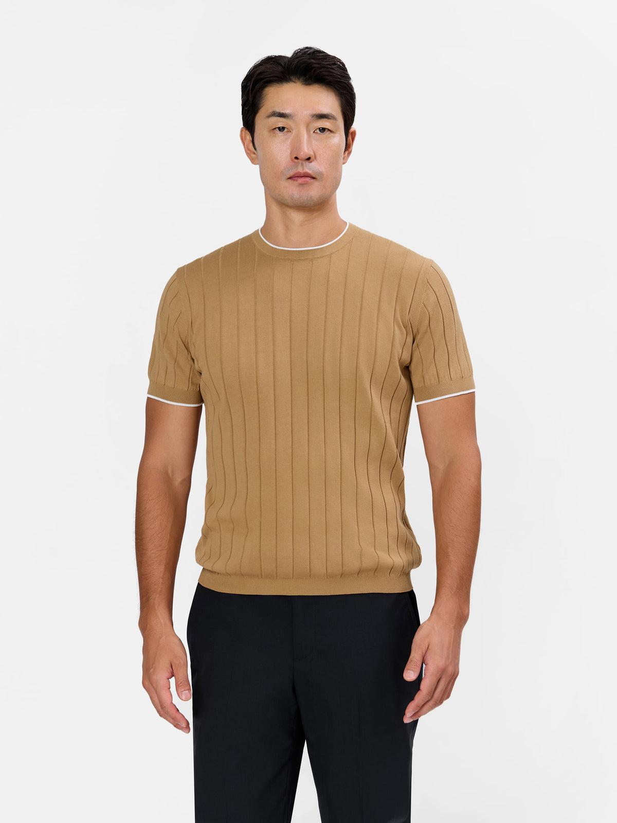 Diodato Vertical Wide Rib T-shirt with Contrast Collar and Sleeve Pure Cotton