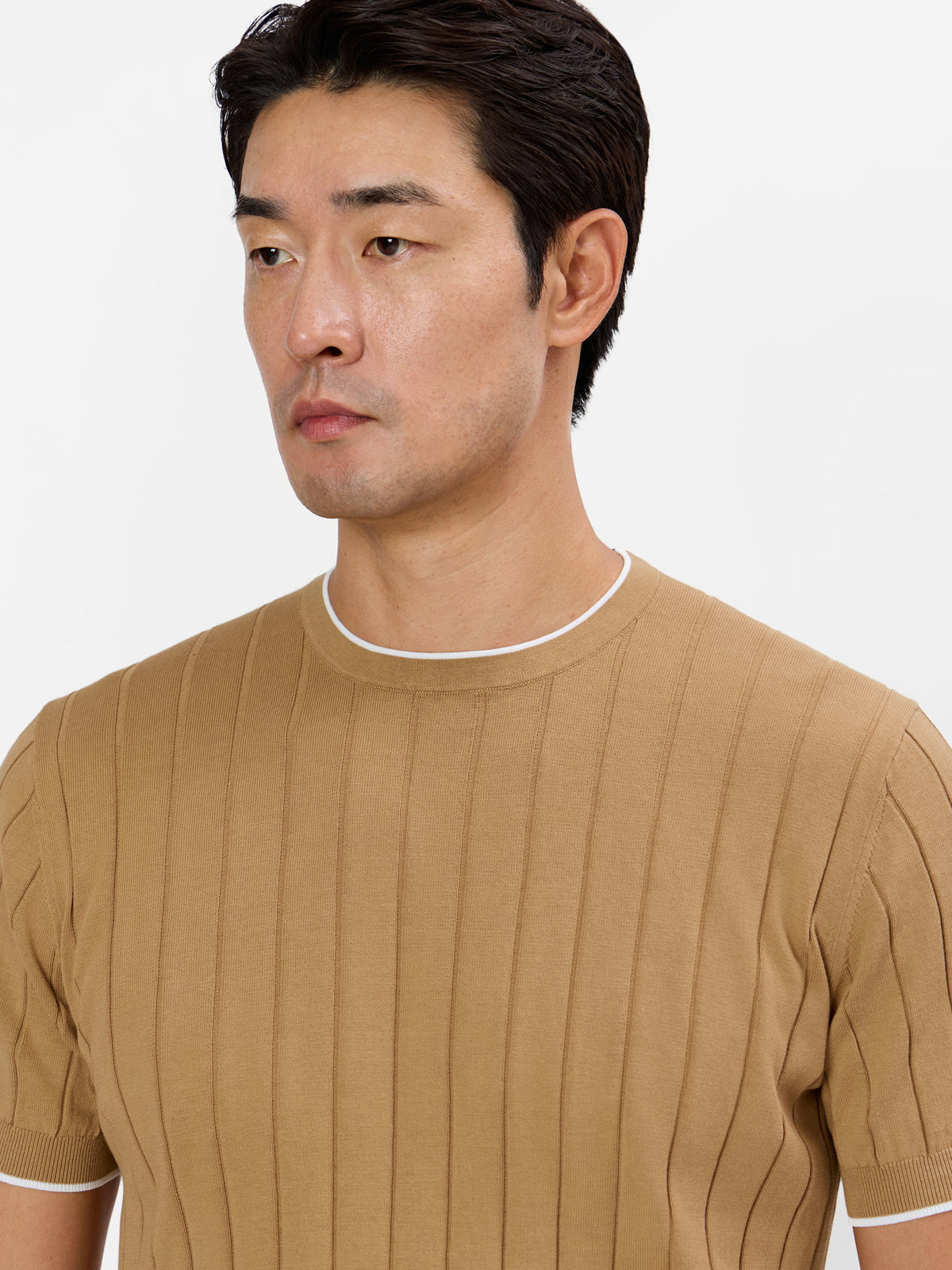 Diodato Vertical Wide Rib T-shirt with Contrast Collar and Sleeve Pure Cotton