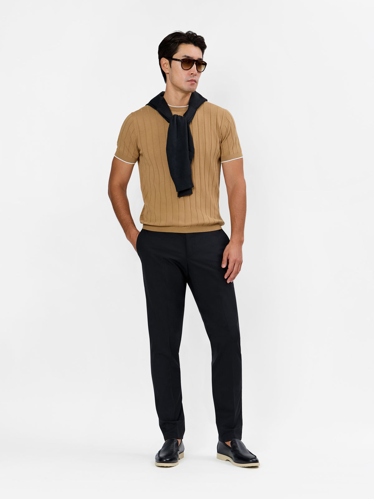 Diodato Vertical Wide Rib T-shirt with Contrast Collar and Sleeve Pure Cotton