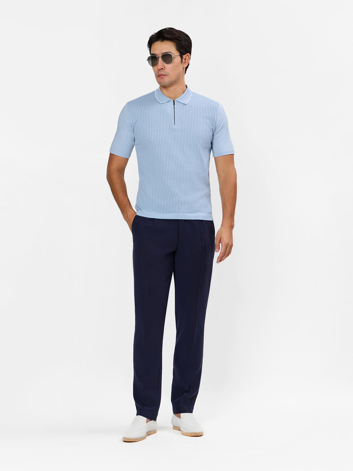 Zentino  Open Knit Zip Polo with Contrast Line on Collar