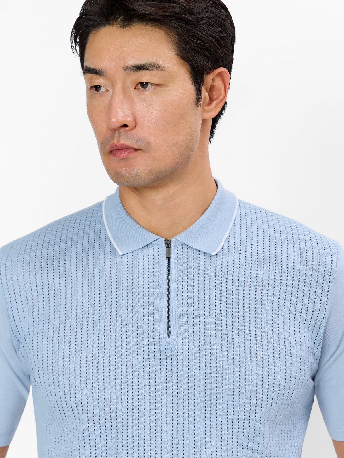 Zentino  Open Knit Zip Polo with Contrast Line on Collar