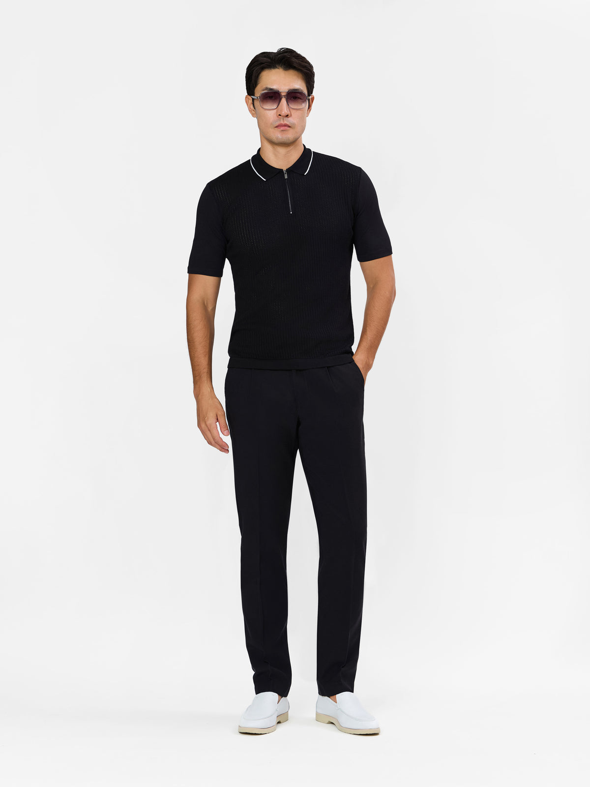 Zentino  Open Knit Zip Polo with Contrast Line on Collar