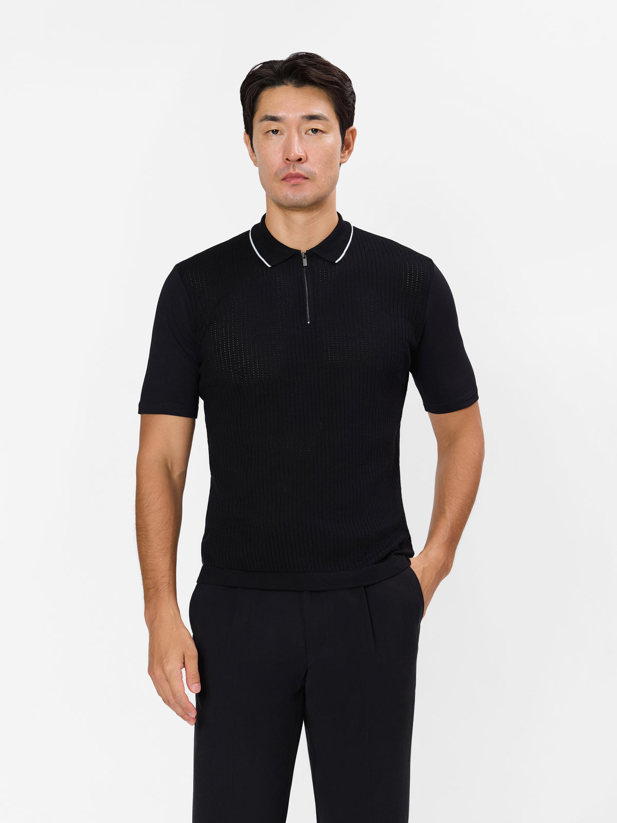 Zentino  Open Knit Zip Polo with Contrast Line on Collar