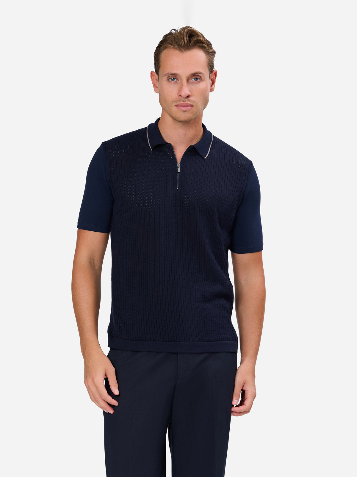 Zentino  Open Knit Zip Polo with Contrast Line on Collar