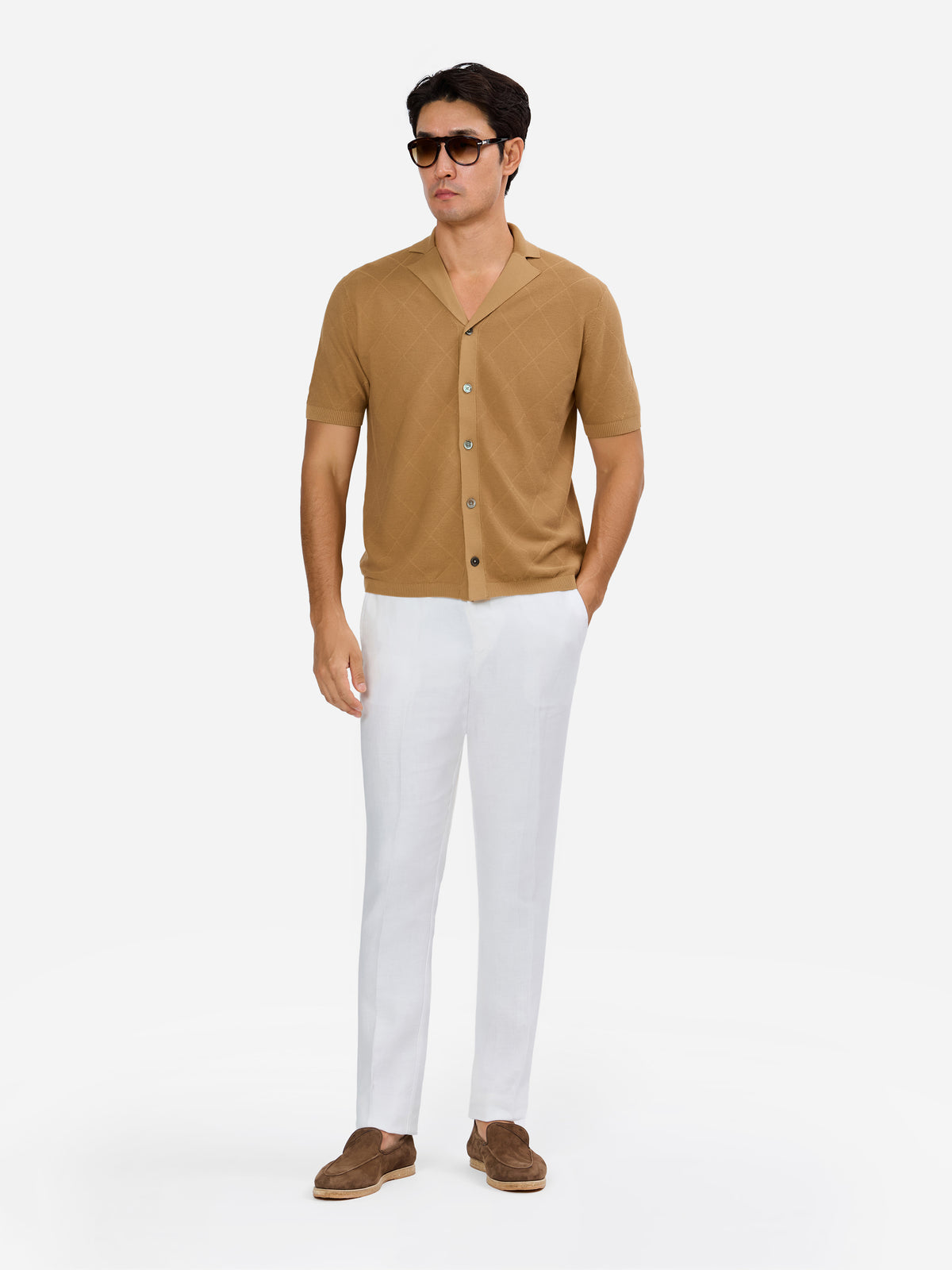 Carminio Skipper Collar Knitted Short Sleeve Shirt  with Tonal  Diamond Jacquard