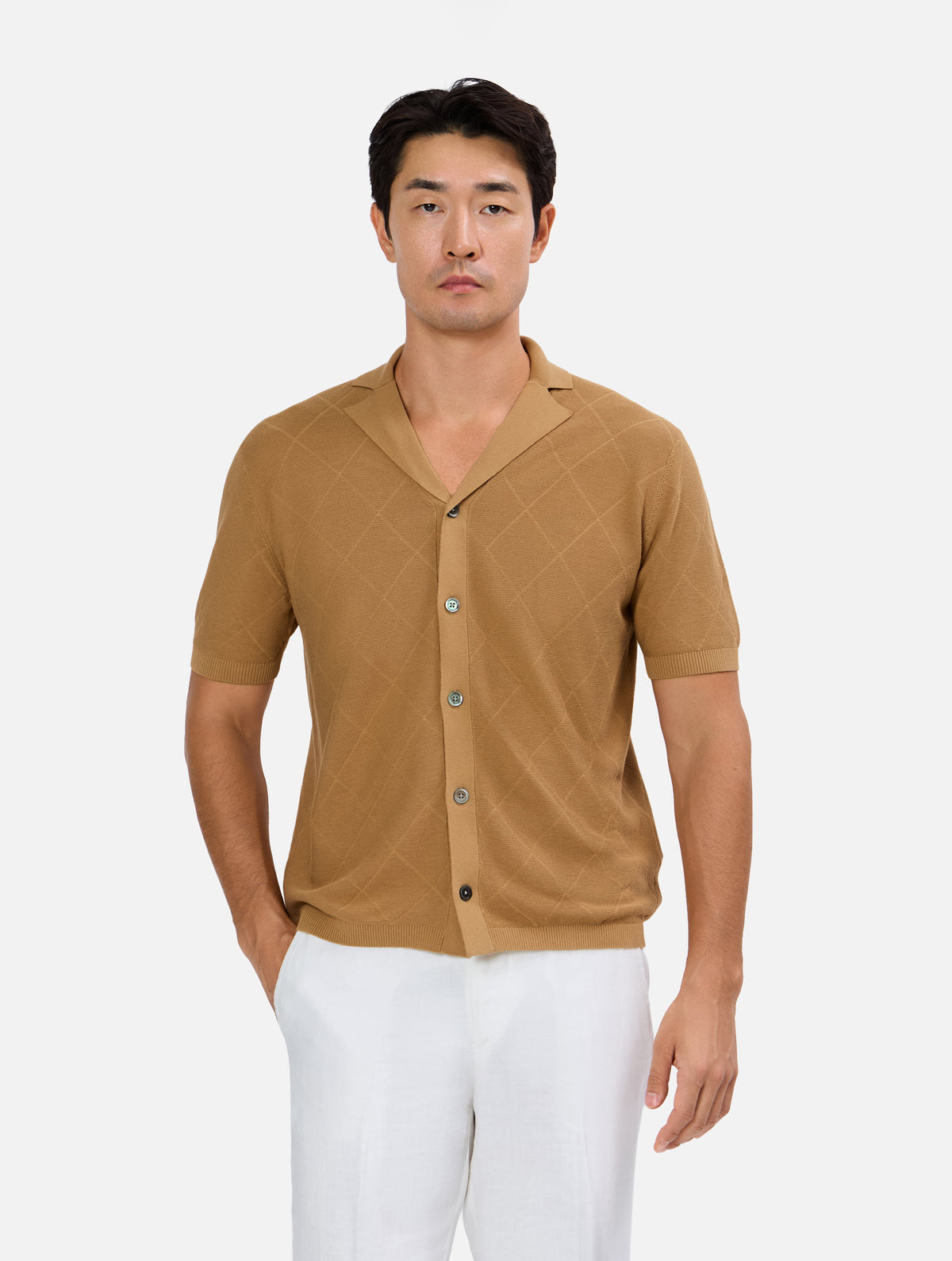 Carminio Skipper Collar Knitted Short Sleeve Shirt  with Tonal  Diamond Jacquard