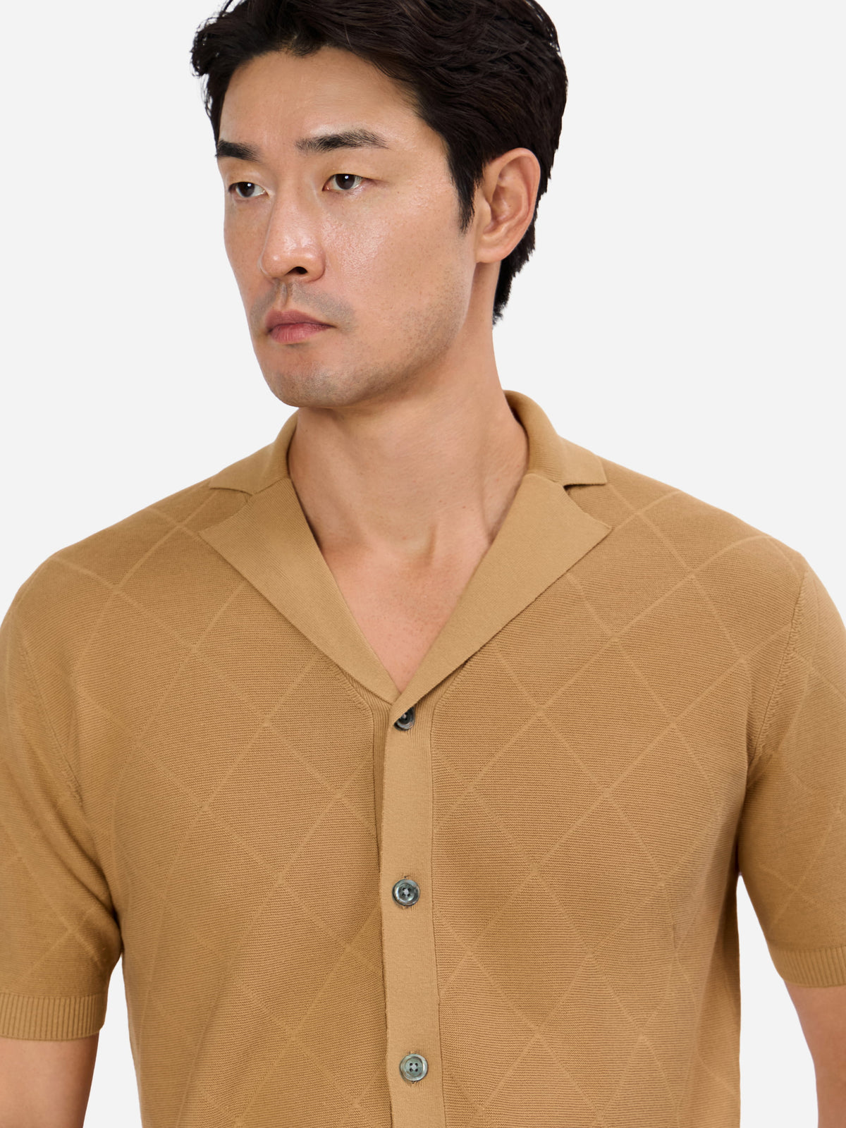 Carminio Skipper Collar Knitted Short Sleeve Shirt  with Tonal  Diamond Jacquard