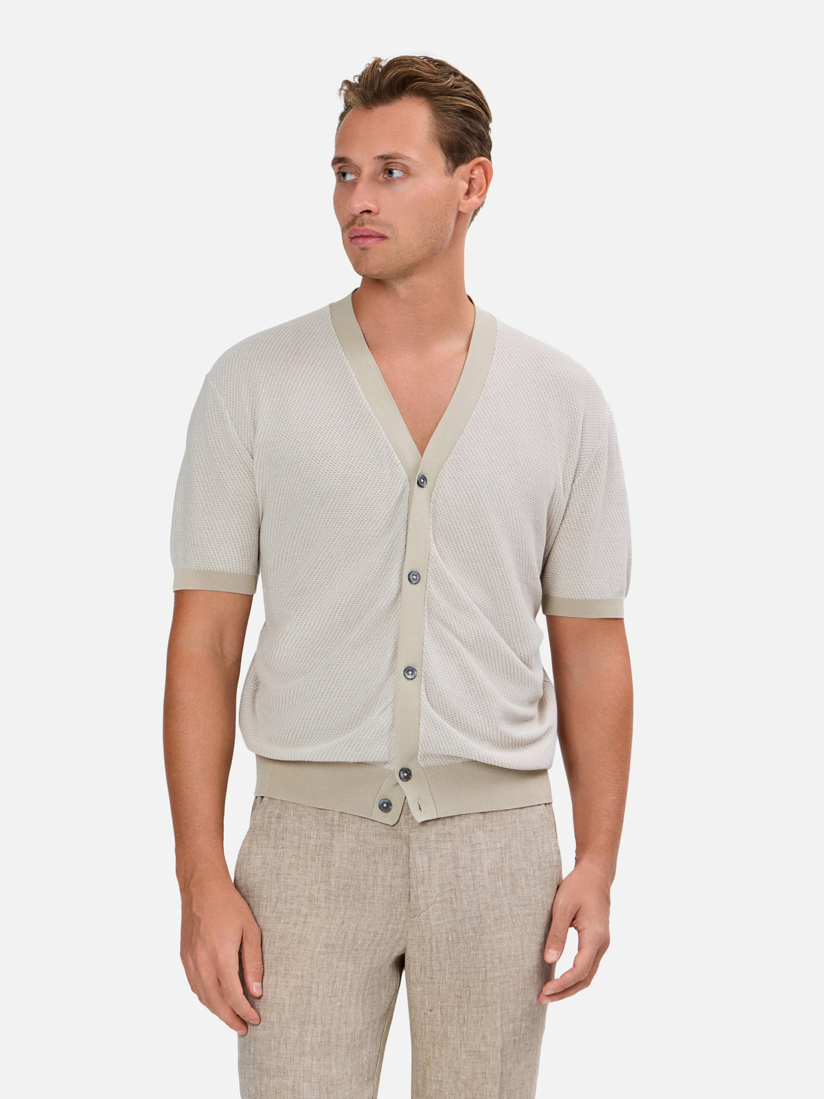 Edgardo Short Sleeve Cardigan with Bicolour Knit