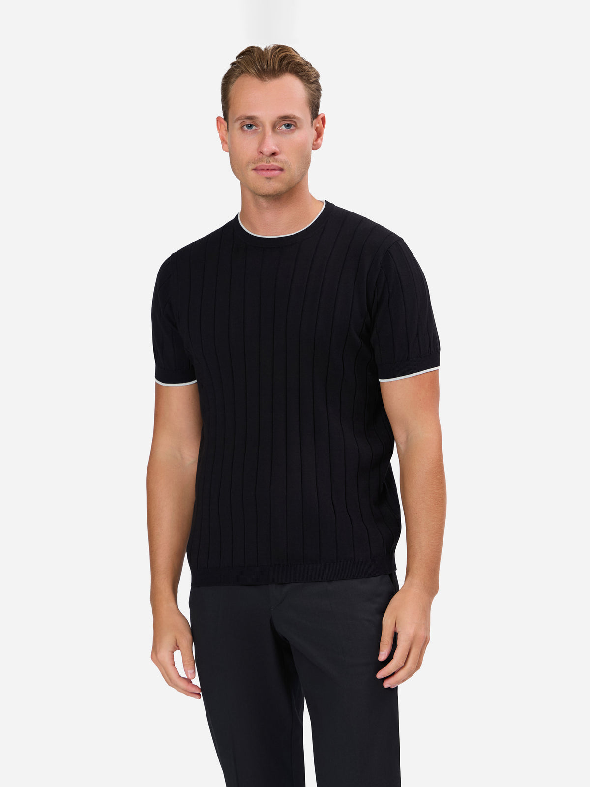 Diodato Vertical Wide Rib T-shirt with Contrast Collar and Sleeve Pure Cotton