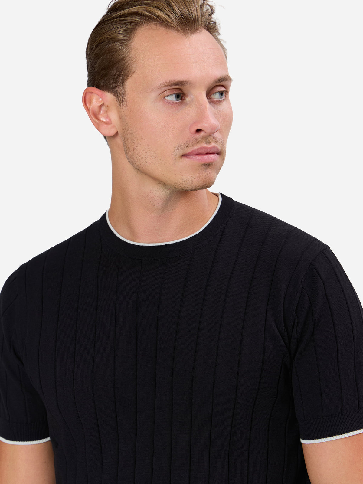 Diodato Vertical Wide Rib T-shirt with Contrast Collar and Sleeve Pure Cotton