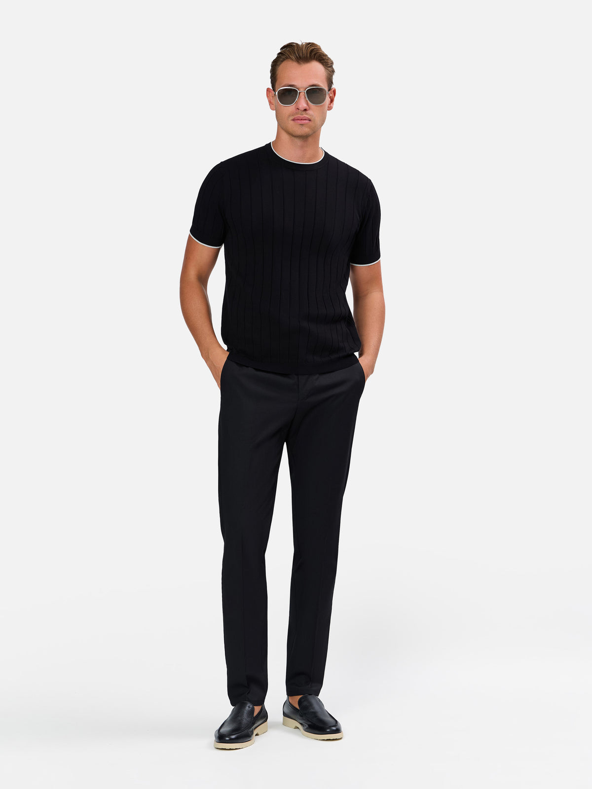 Diodato Vertical Wide Rib T-shirt with Contrast Collar and Sleeve Pure Cotton