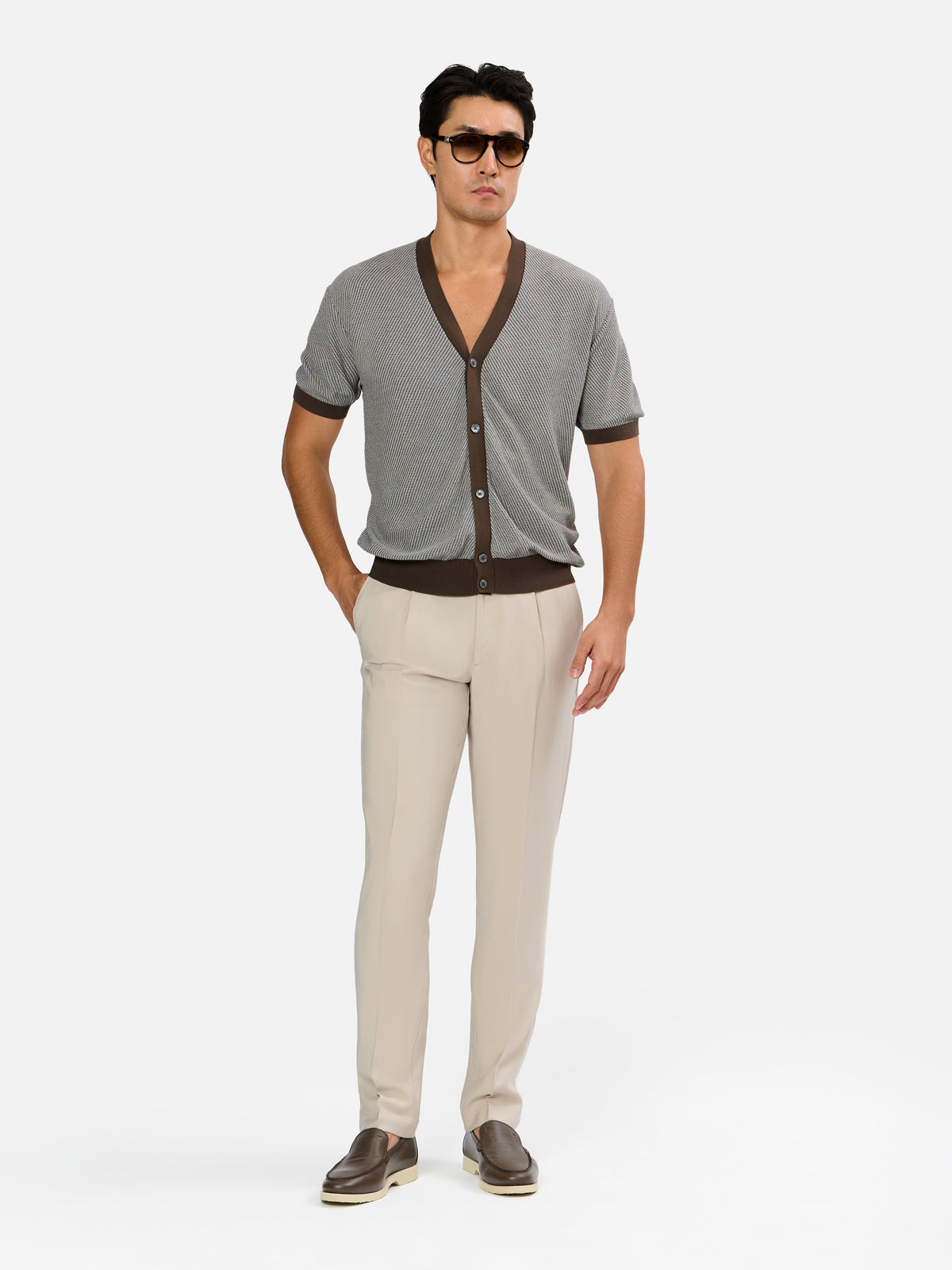 Edgardo Short Sleeve Cardigan with Bicolour Knit