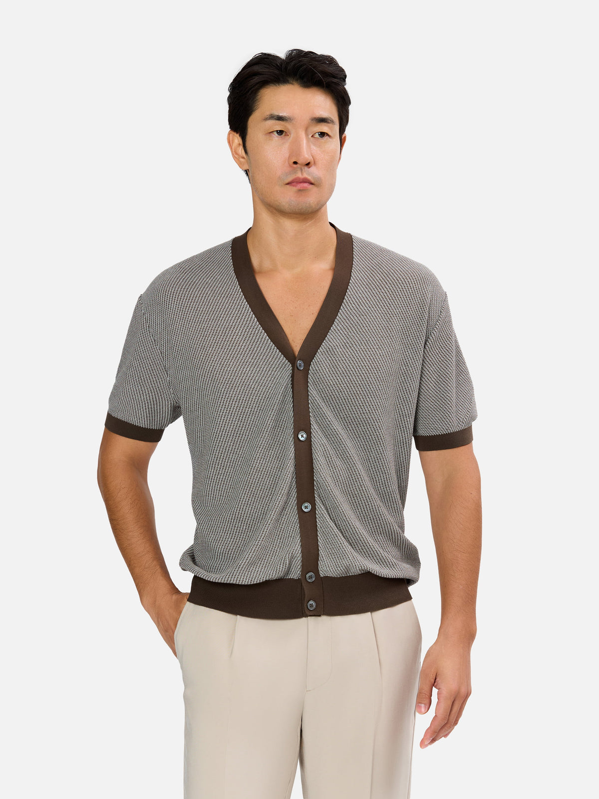 Edgardo Short Sleeve Cardigan with Bicolour Knit