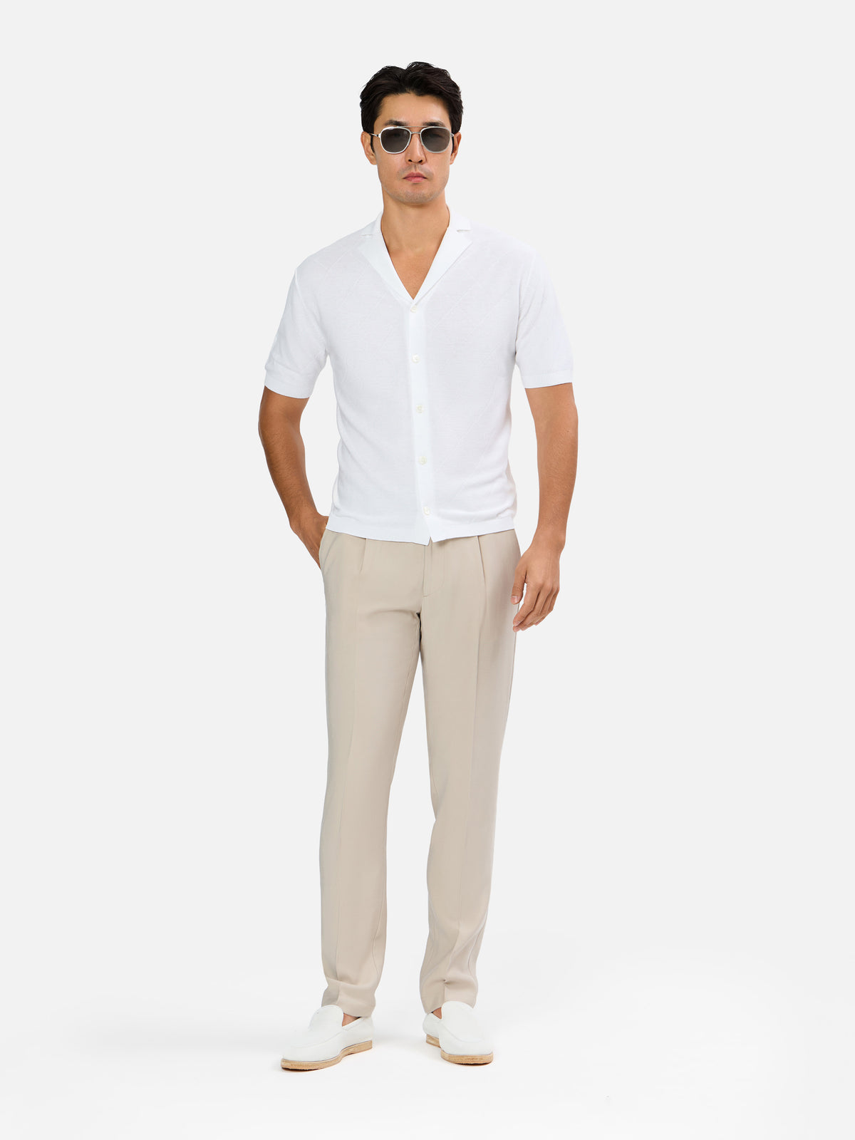 Carminio Skipper Collar Knitted Short Sleeve Shirt  with Tonal  Diamond Jacquard