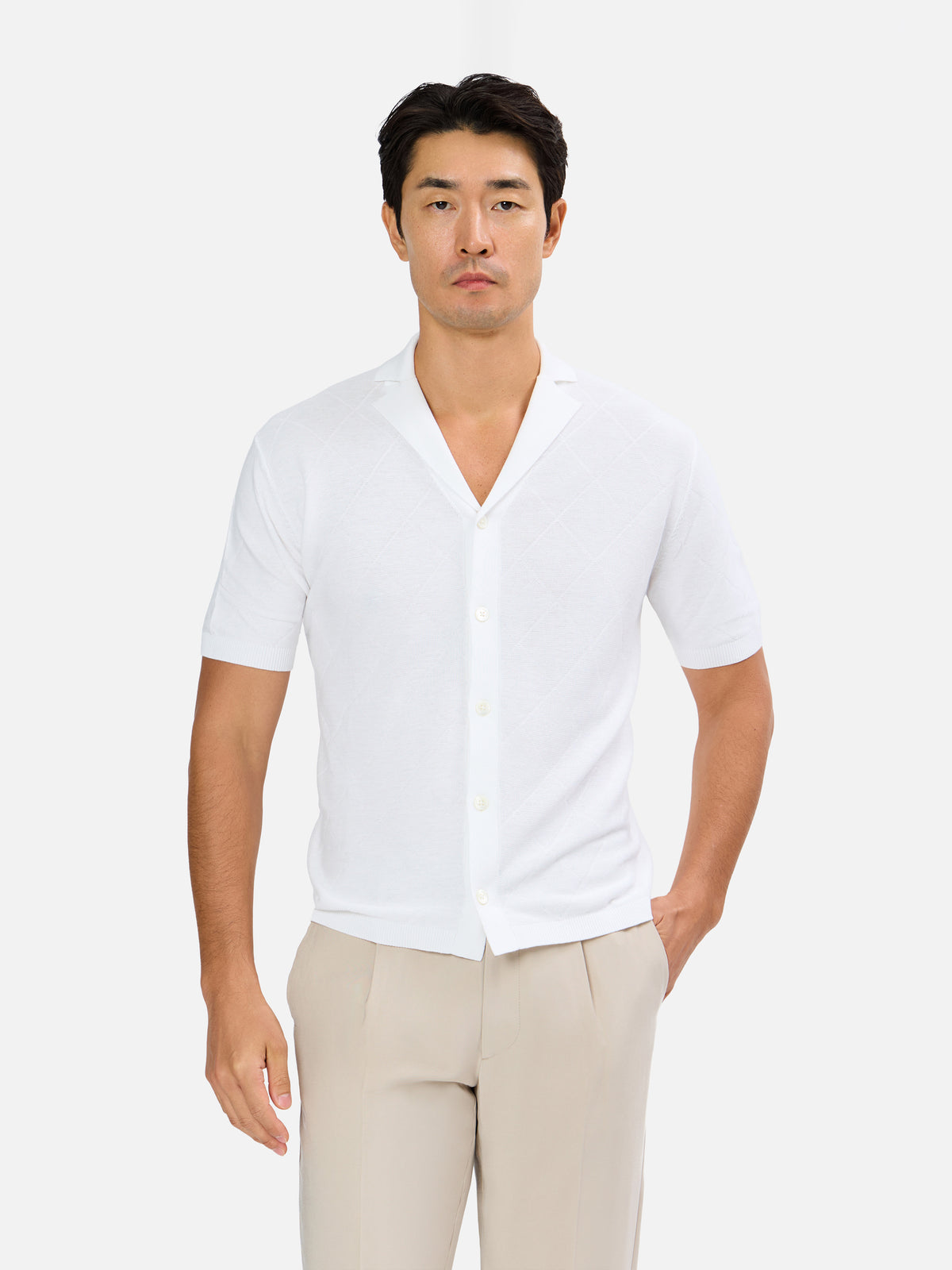 Carminio Skipper Collar Knitted Short Sleeve Shirt  with Tonal  Diamond Jacquard
