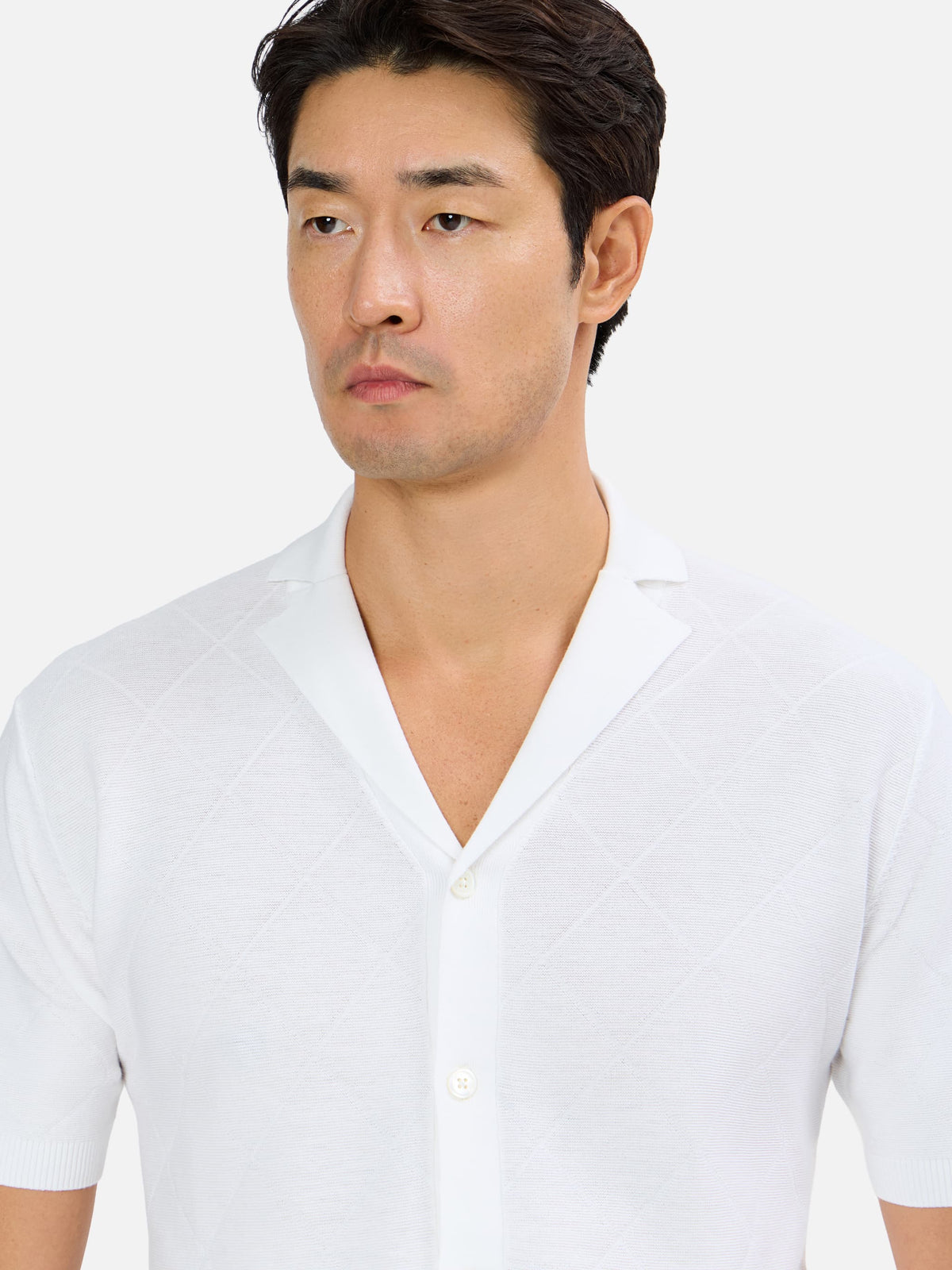 Carminio Skipper Collar Knitted Short Sleeve Shirt  with Tonal  Diamond Jacquard