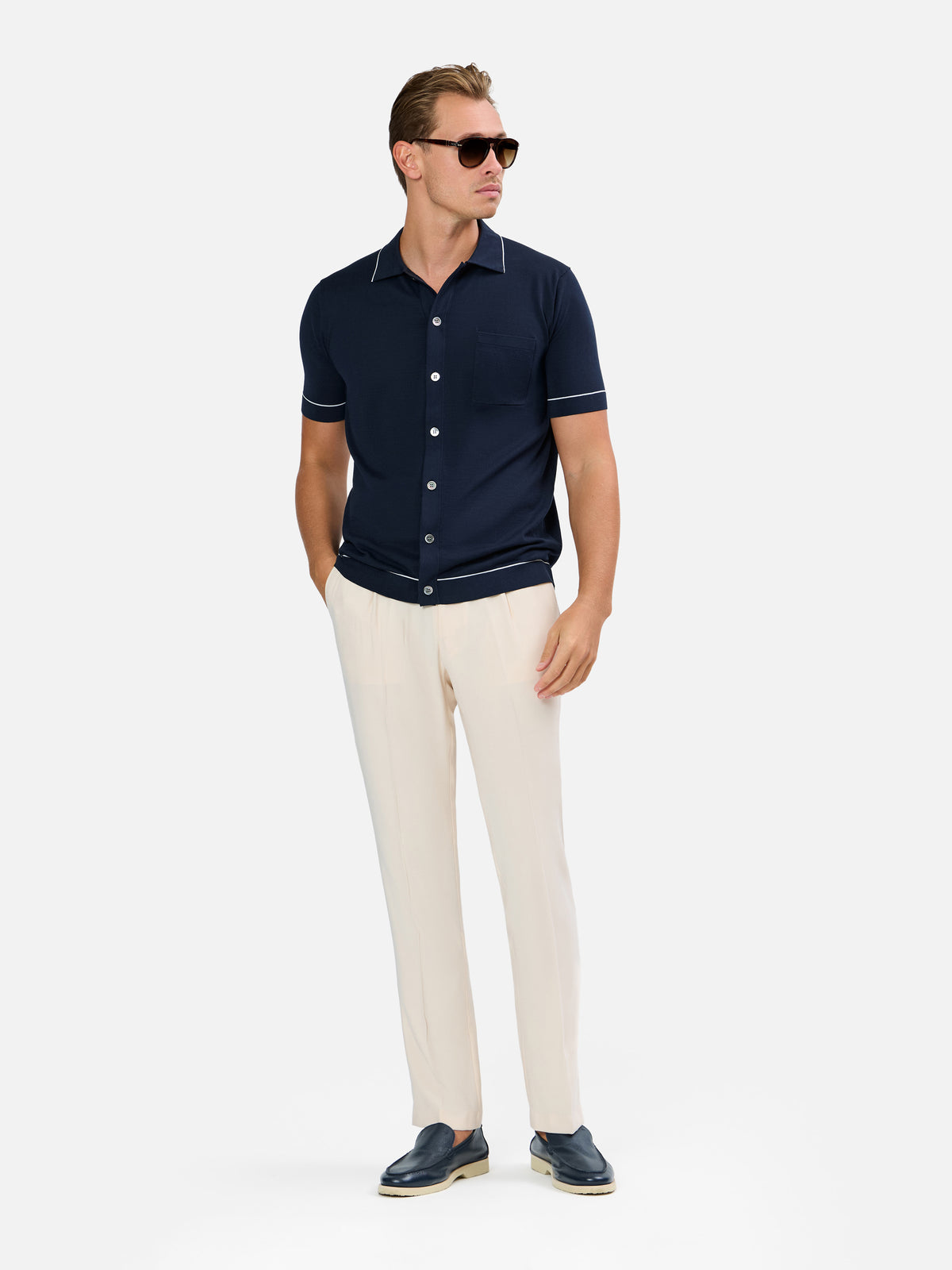 Fabrino Knitted Shirt with Contrast Pin Stripe on Collar and Sleeve