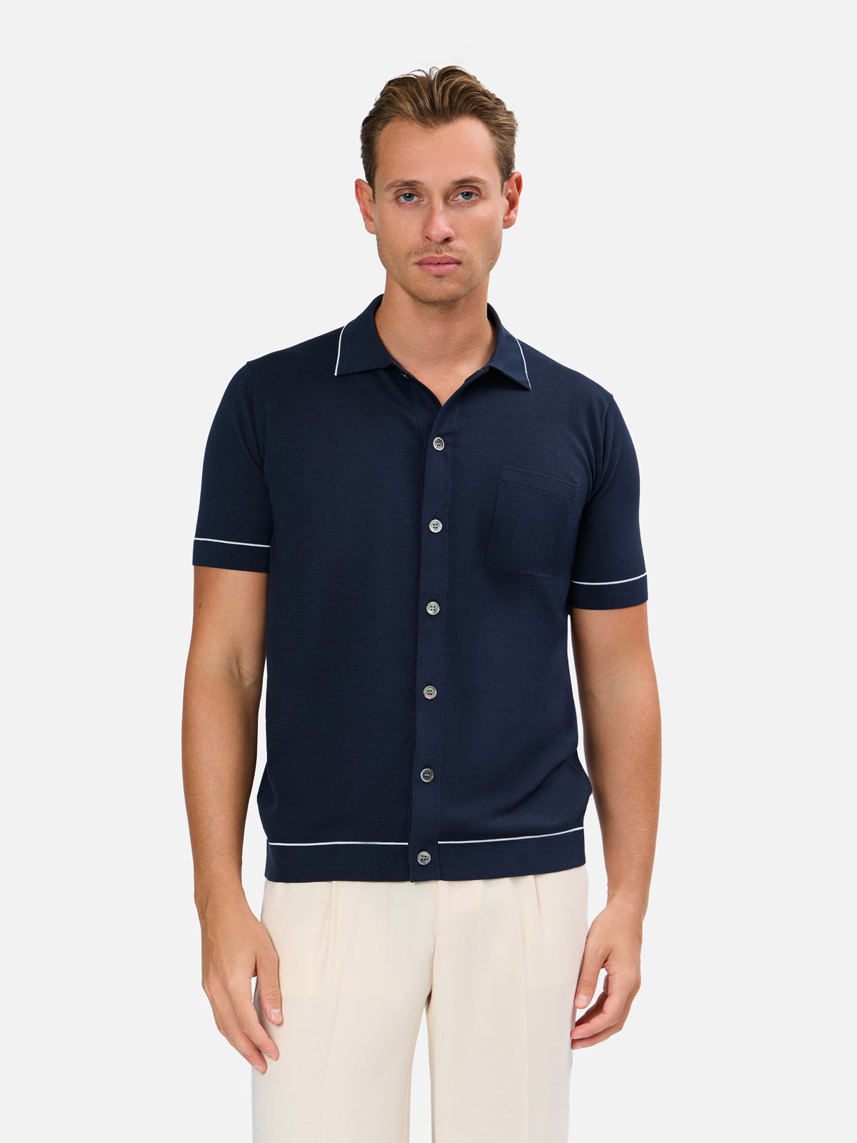 Fabrino Knitted Shirt with Contrast Pin Stripe on Collar and Sleeve